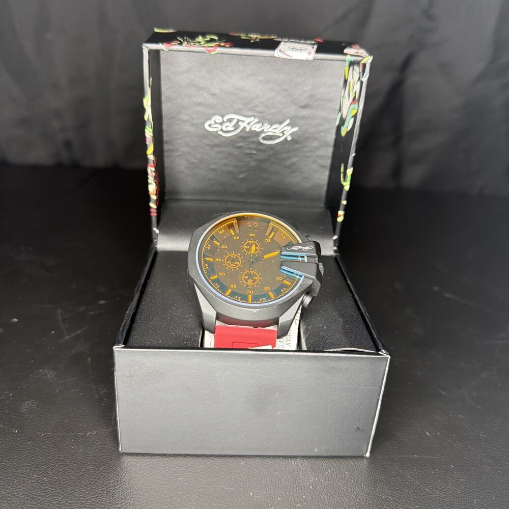 Ed Hardy 50445B-42-D15 Men’s Watch Black Red Chronograph Style New in Box